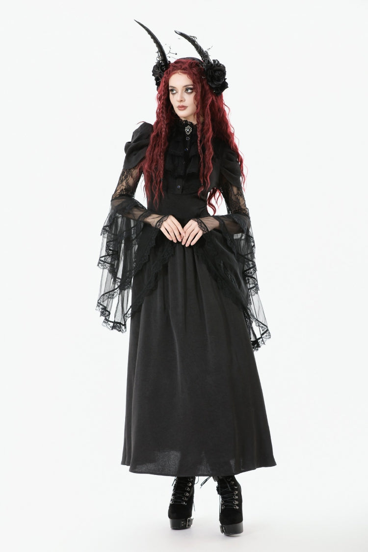 Black Stand Collar Trumpet Sleeve Lace Wedding Gothic Dress