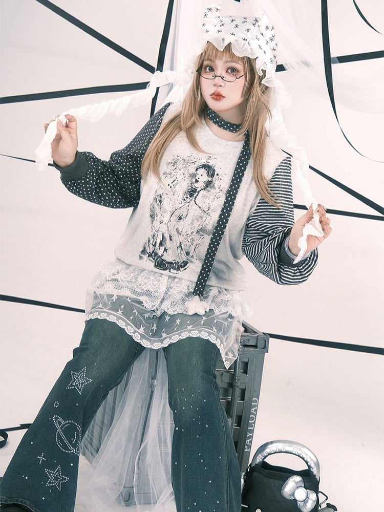 Print Anime with Girl Polka Size Striped Y2K Sleeve White Top Plus Dot