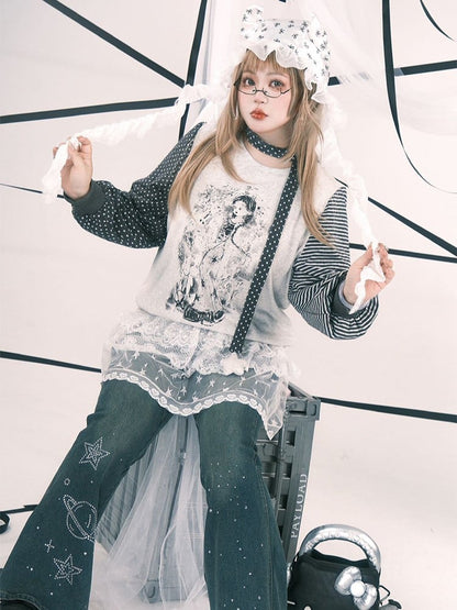 Print Anime with Girl Polka Size Striped Y2K Sleeve White Top Plus Dot