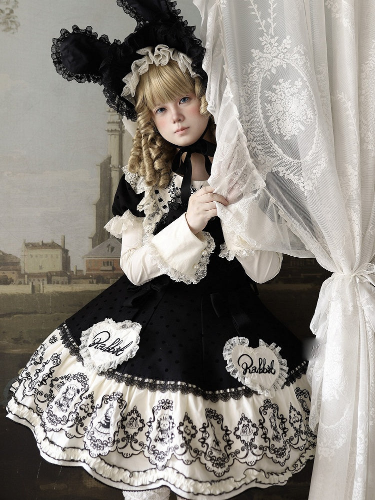 Rabbit Detachable Sleeves Pattern Dot Sweet + Black Polka with Dress Bonnet Sweetheart Set Appliques Lolita