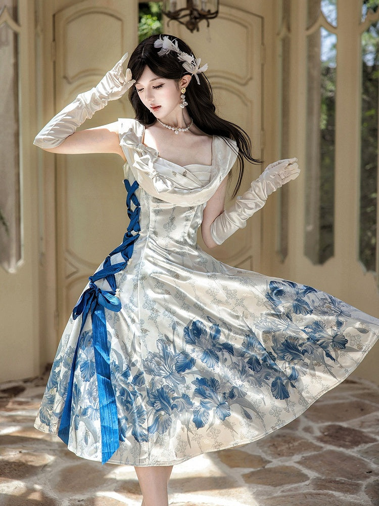 Sleeveless Satin Lolita Dress with Blue and White Floral Print and Bows - Unknown Star