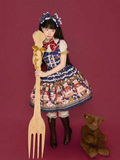 Lolita and Print Dress Details Sweet Bow Lace JSK Cake Blue Bear with Trim Dark