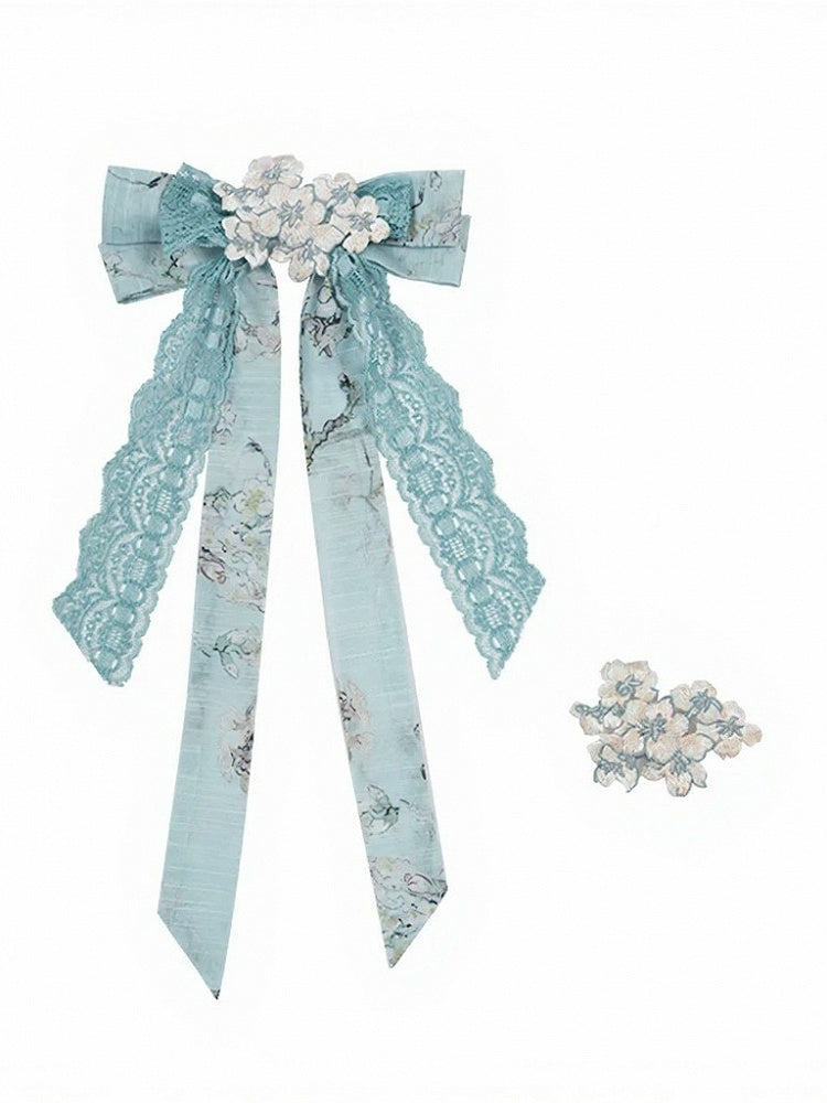 Bow Lace Trim Accessory Set with Floral Embroidered Hair Clips - Yimu Walnut