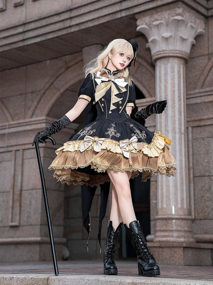 Cape Stand Dress Set Golden Lace Trim Lolita Collar Black Fringe + Gold