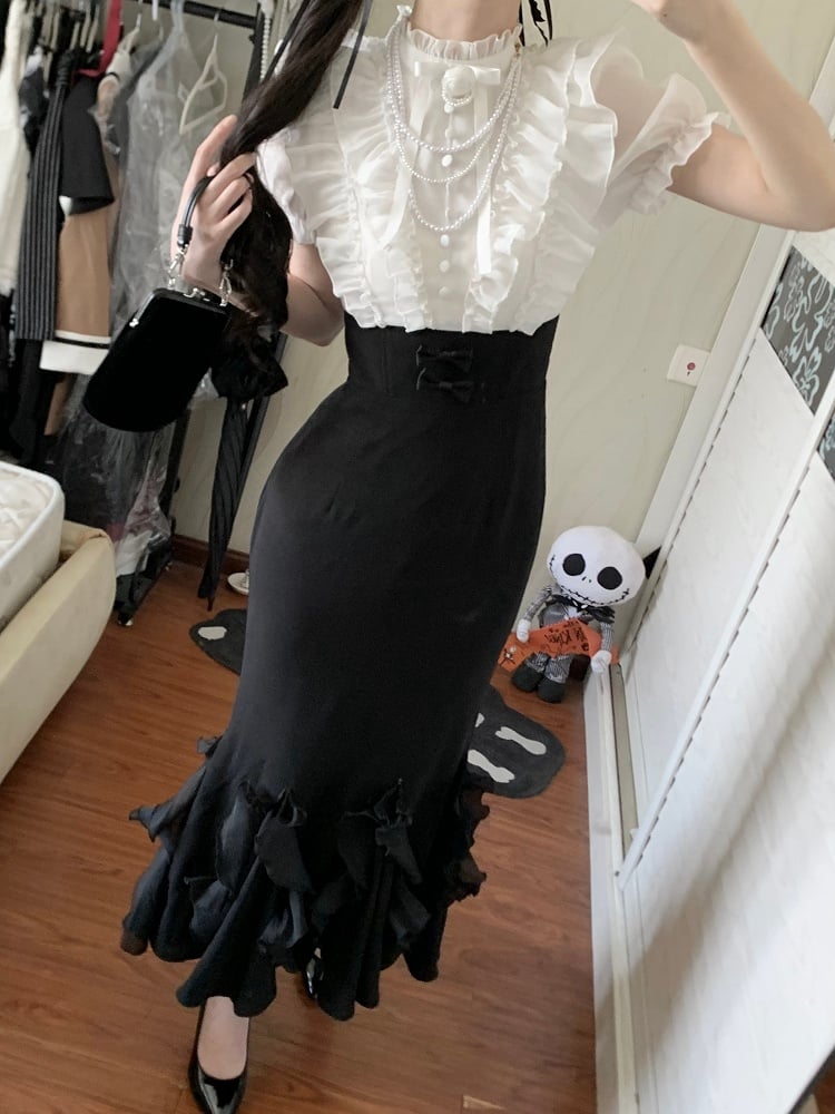 ロリータホワイトピースブラックエレガントツーデザインマーメイドドレスウエストスカートボーンフェイクブラウス