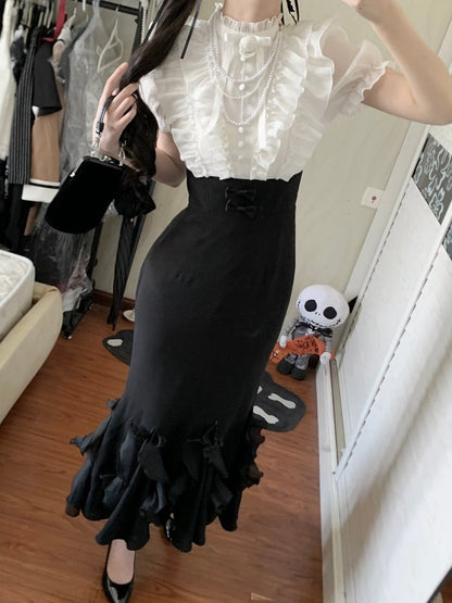 ロリータホワイトピースブラックエレガントツーデザインマーメイドドレスウエストスカートボーンフェイクブラウス