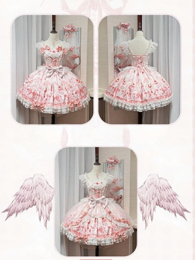 Sweet Strawberry Printed Pink Lolita JSK Dress Adorned with Bow Accents - PG Lullaby