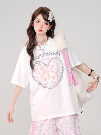 White Oversized Plush Large with Tee print Lettering Butterfly Embroidery