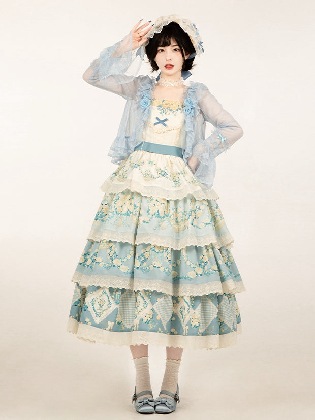 Sheer Dotted Flounce Trimming Sleeves Long Top Blue Tulle