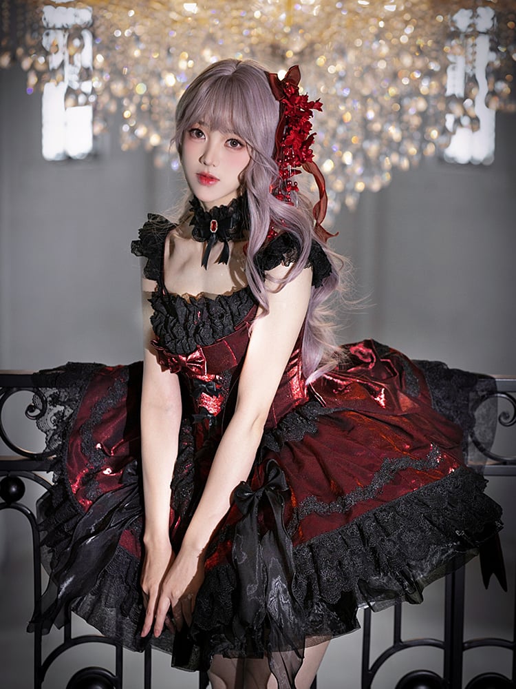 Boned Waist Dress Gothic Balletcore Lolita Black Bows JSK Red with Detachable and