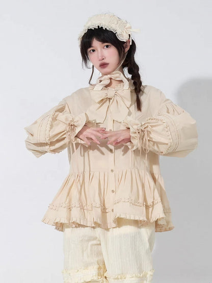 Drawstring Long-Sleeve Ruffled Loose Beige Blouse with Lolita Cuffs