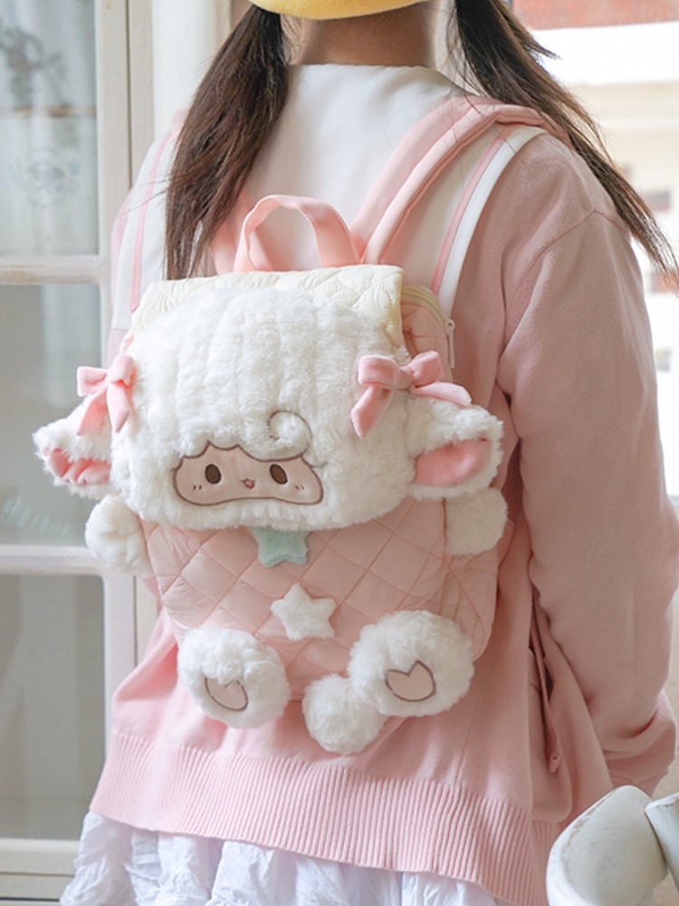 Star Diamond WhitePink Bowknot und Muster Rucksack Plüsch Klappe dekoriert Lamm