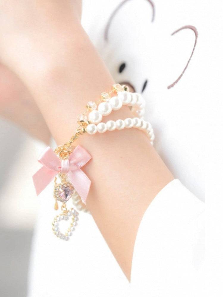 Black / Three-Layer Kei Rhinestone Chain Pink Bracelet Heart Jirai Pearl