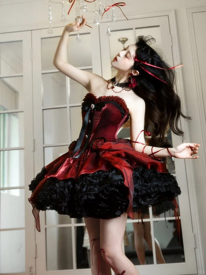 Lolita Bouquet Strapless Boned Red Gothic Hem with Black Rose Dress