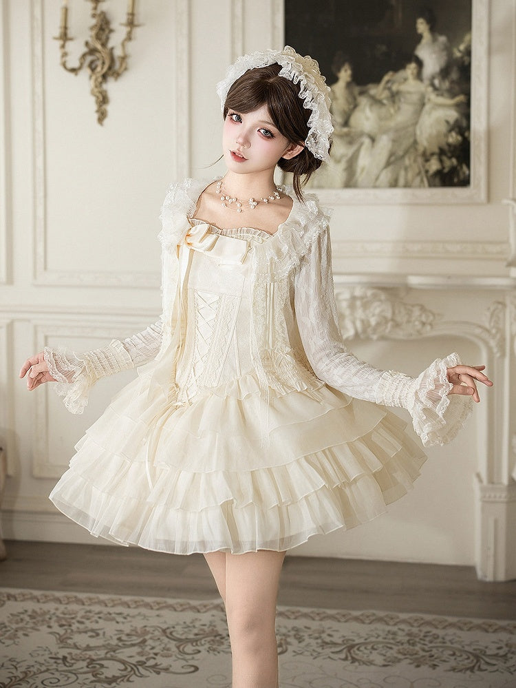 Boned Corset Waist Spaghetti Straps Dress Lolita JSK with Tiered Skirt - With PUJI