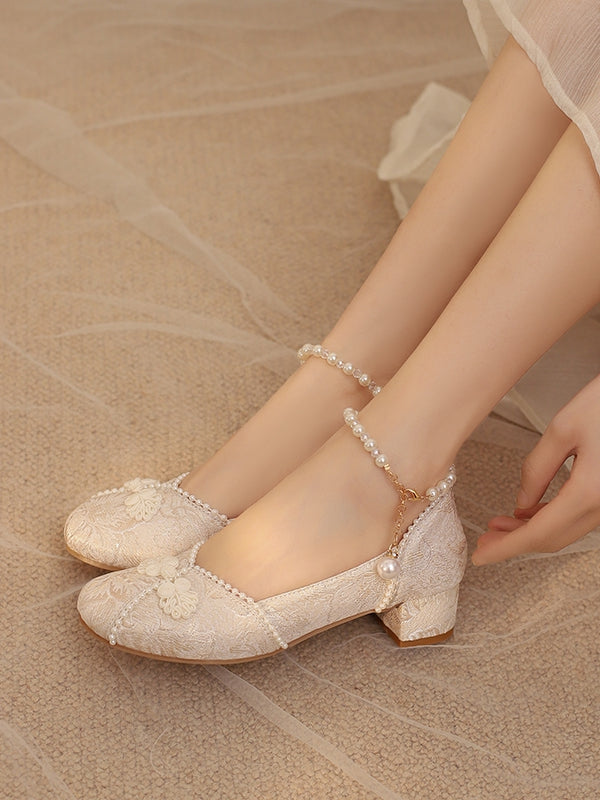 Frog Shoes Accent Beaded Qi Ankle Lolita Beige Strap Button Mid-heel