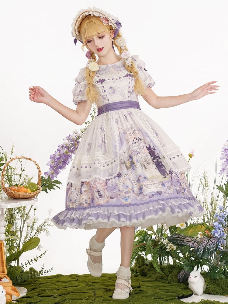 Kleid mit Blumenärmeln, Party- und Hasen-Lolita-Print mit abnehmbarem Tee