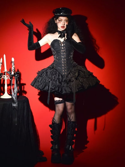 Lolita Drawstring Hem Skirt Gothic Black Kuro Ruffle