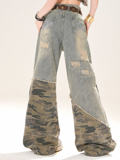 Blue Camo Holes Cut Bittersweet Glamorous Jeans Pattern Wide-leg Distressed