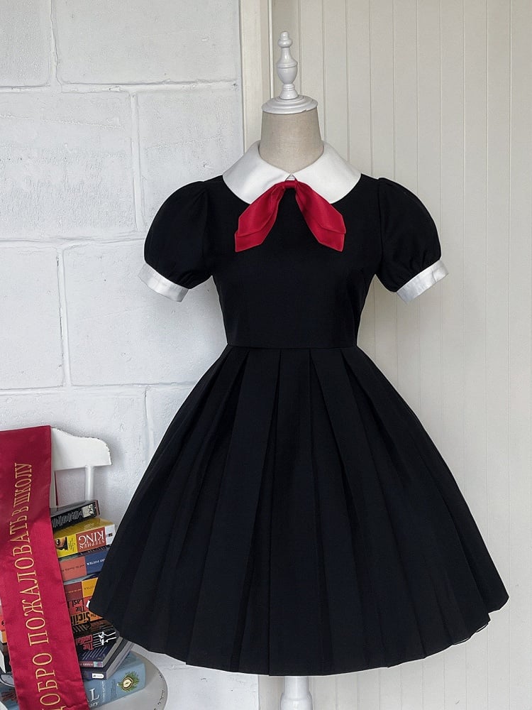 Black Collar Sleeves with Dress Lolita Red Short White Bow Pleated Tie and Maid