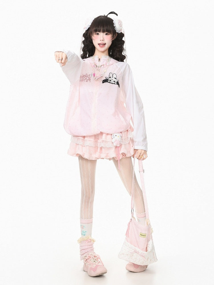 Cute Pink Bunny-Ear Hooded Sun Coat with Polka Dots