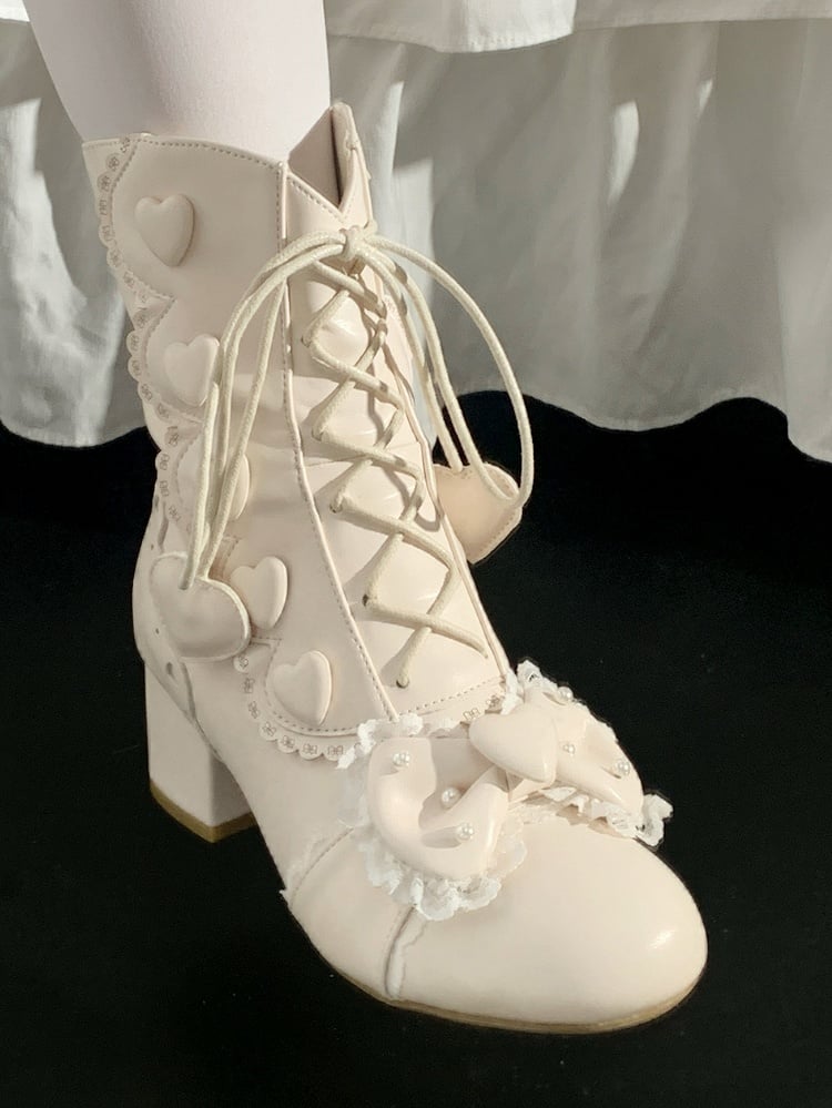 Heart Fastening Bow - Dual with PU Lolita Mid-Heel Boots Beaded Details Apricot Elegant