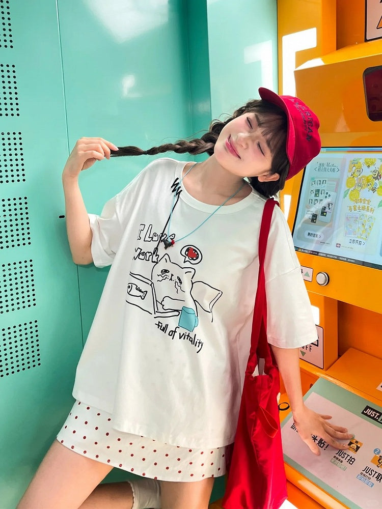White Round Neck Kitty Print Loose T-Shirt