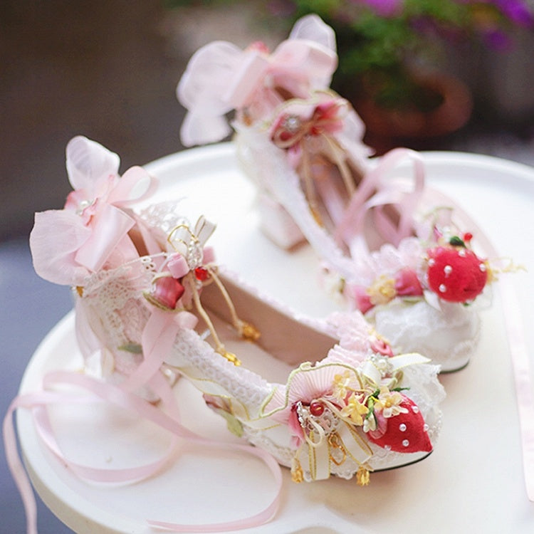 Decorated Heels WhitePink Lace Strawberry Block Lolita Shoes And Beaded 5CM/8.5CM Sweet Trim