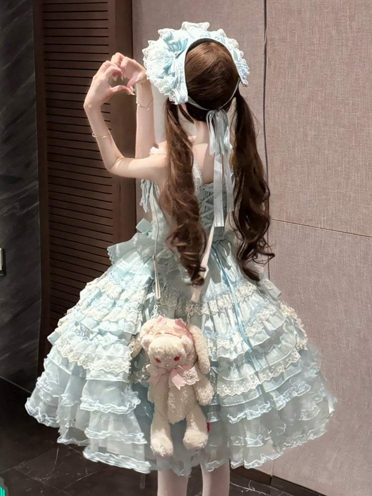 JSK with Dress Accents Multi-Layered Lace Blue Lolita Bow Princess Ruffle Sweet