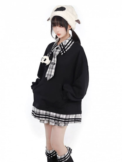 Panda Spielzeug Sweatshirt Schwarz Spleißen Plüsch Plaid mit