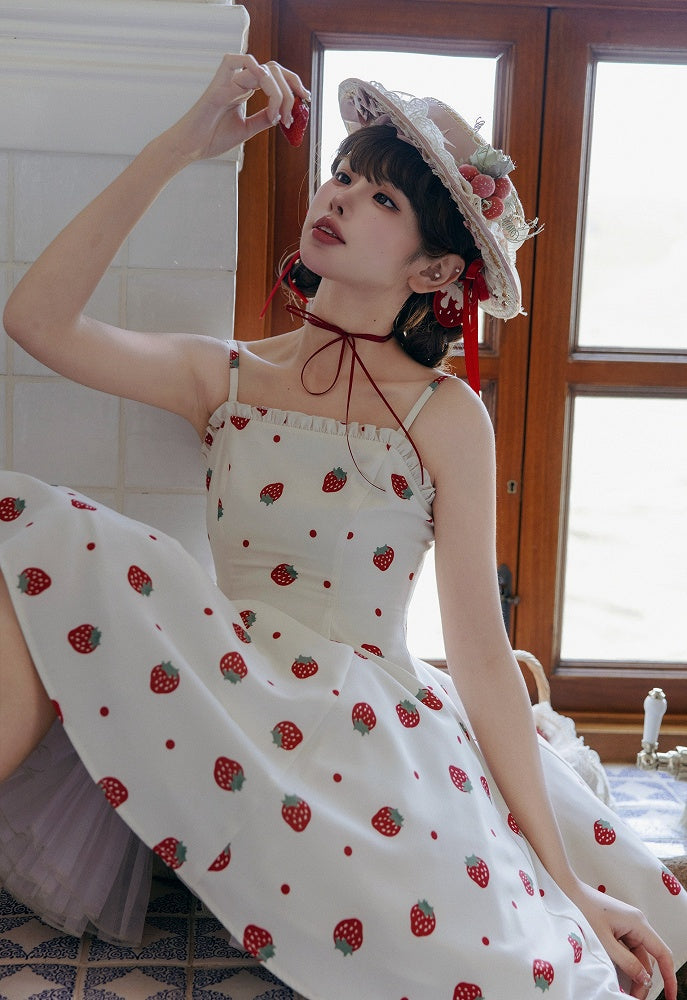 und weiß JSK süßes Kleid Polka Dots Sommer Lolita Erdbeere Sonne Druck