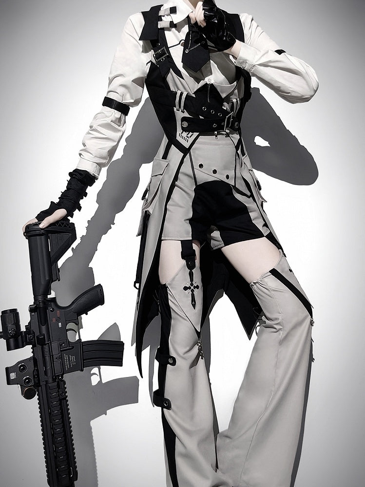 Techwear Style Black and Gray Long Sleeve Outfit with Vest and Shorts - Unknown Star
