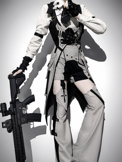 Techwear Style Black and Gray Long Sleeve Outfit with Vest and Shorts - Unknown Star