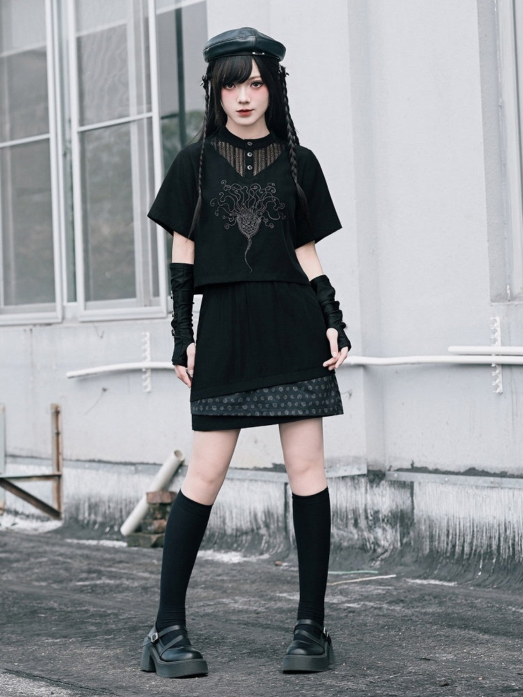 Dark Lace Patch Top with Sea Lily Stitching - Quirky Hut