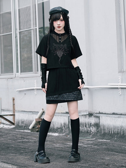 Dark Lace Patch Top with Sea Lily Stitching - Quirky Hut