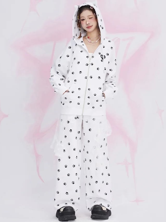 White Cat Paws Allover Cat Ears Design Spring Zip Hoodie