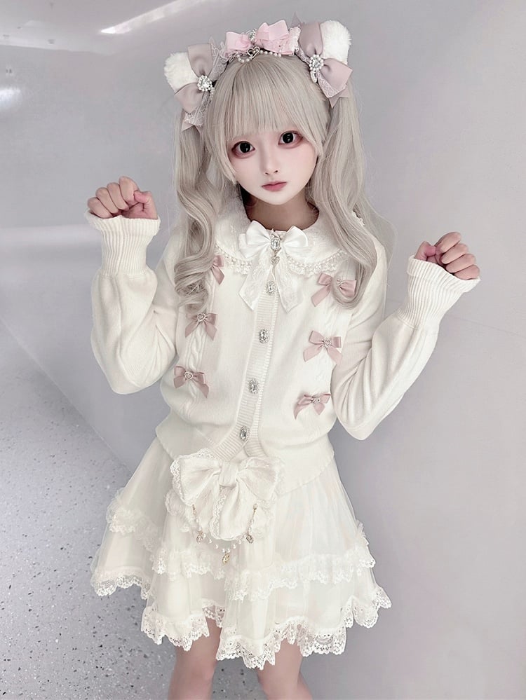 Rhinestone Pink White Jirai Square Button Cardigan with Knit Bows Front Kei