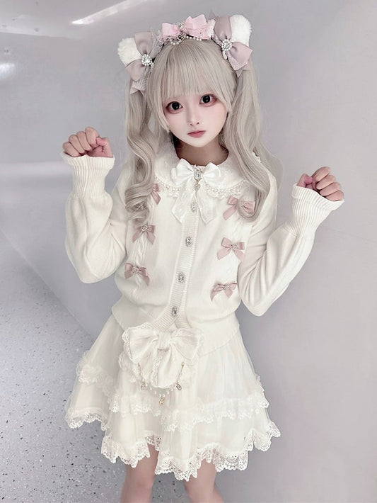 Rhinestone Pink White Jirai Square Button Cardigan with Knit Bows Front Kei