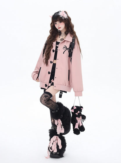 Pink Heart-shaped Snap Baseball Jacket with Detachable Bowknot Strap