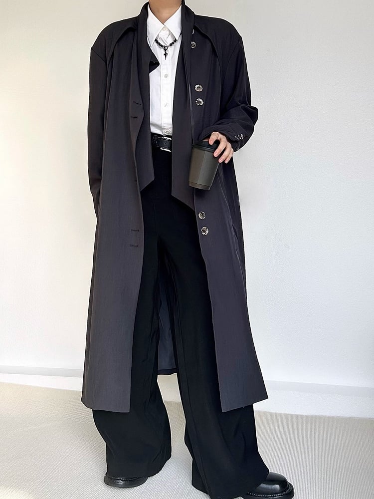 Button Gray Tie Long Trench Lolita Vintage with Cuffs Ouji Coat Neck