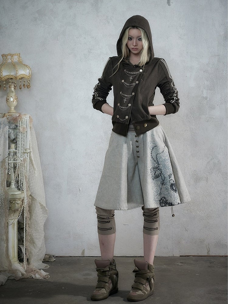 Khaki Green Double-Breasted Hooded Jacket with Chain Embroidery Details, Punk Fashion - NO ROMANCE