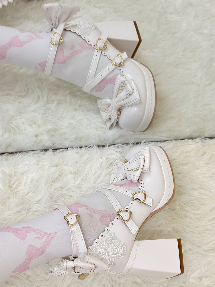 Block Heels Schnallen Hohe Schleife Abnehmbare Crisscross Design Weiß Top Herz bei