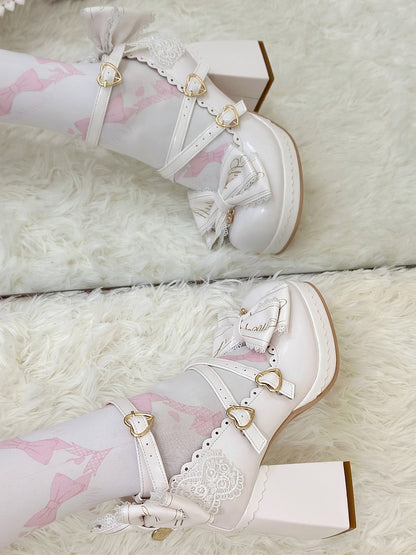 Block Heels Schnallen Hohe Schleife Abnehmbare Crisscross Design Weiß Top Herz bei