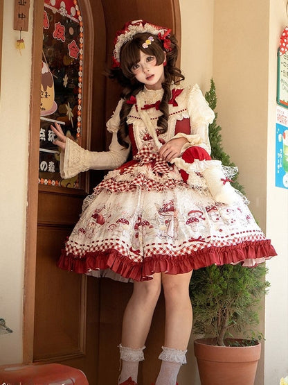 Red and Beige Gingham Mushroom Print Dress with Lace Overlay - Honey Machine
