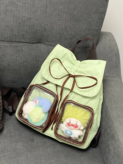 Bow Drawstring Charming Backpack With Kawaii Green Mini Ita