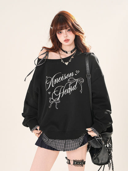 Self-tie Asymmetrical Neckline Plaid Hem Sweatshirt Black/Gray Shoulder Strap