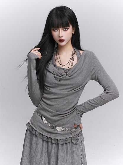 Lace Gray Two-Piece Faux Top Halter Trim with Neck Convertible Gothic Cowl