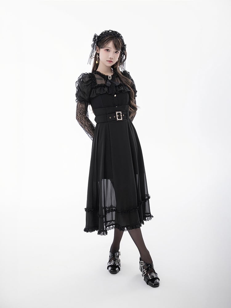 Tie Black Illusion Neckline Juliette Sleeves Jirai Kei Lace Blouse+Bow