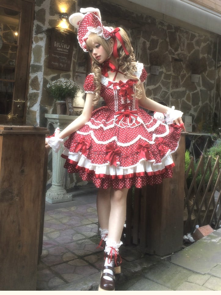 Ruffled Polka Dot Decorations Bow Dress OP Red Lolita Cute with