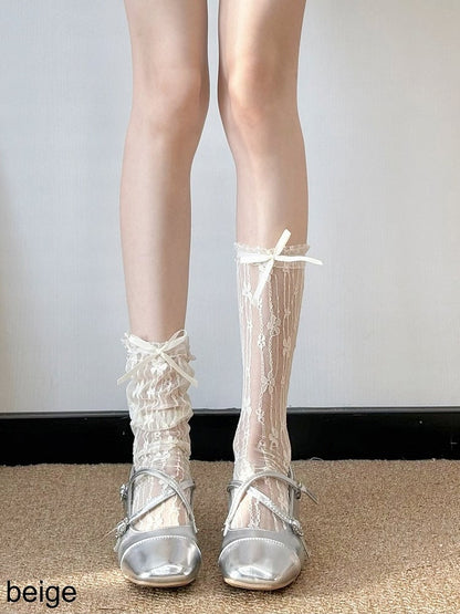 Sheer Lace Trim Calf Socks with Floral Pattern - Milk flavored Lolita
